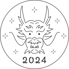 シンプルなロゴ風ドラゴンの正面顔の線画デザイン 2024年辰年