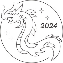 シンプルなロゴ風ドラゴンの線画デザイン 2024年辰年
