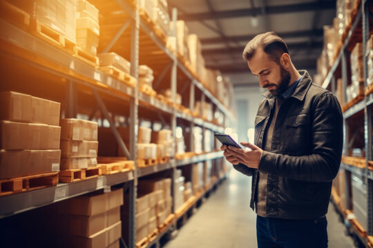 man inspecting stock in warehouse on his phone, best data management app