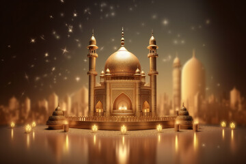 Fototapeta na wymiar ramadan kareem eid mubarak royal elegant lamp with mosque holy gate with fireworks generative AI