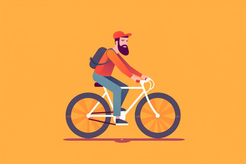 man on bicycle with backpack, bearded cyclist riding bike
