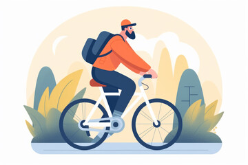 man on bicycle with backpack, bearded cyclist riding bike
