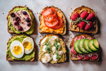 sliced breakfast bread with different toppings, seven types of sandwich food, health and wellness nutrition - obrazy, fototapety, plakaty