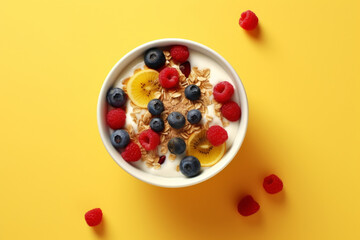 granola and yogurt with cereal, berries mixed with berries in bowl