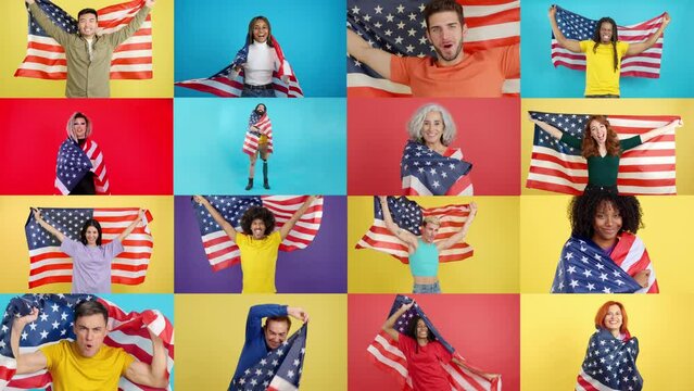 Mosaic of multi-ethnic people with a north america national flag