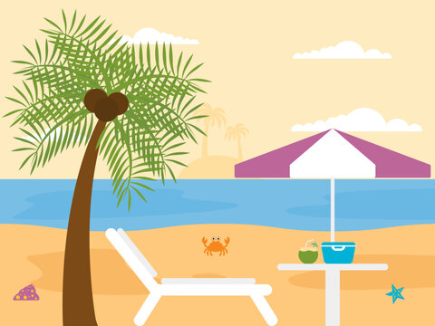 Summer illustration a beautiful beach. Vector illustration. Summer time background illustration