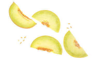 Pieces of sweet melon and seeds on white background