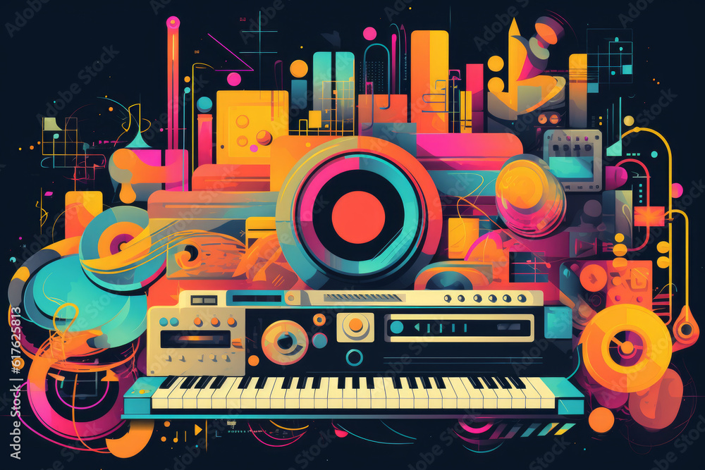 Poster musical instrument and music, one of group of synthesizers and other electronics in modern way, piec