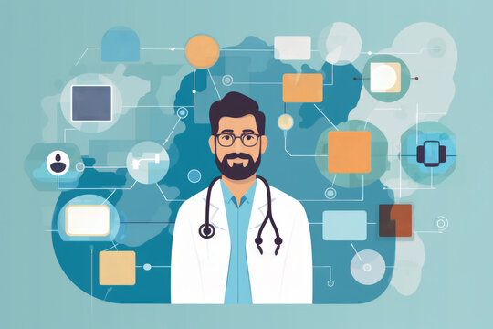 digital health tech for health and medical professionals, man in beard standing in front of icons