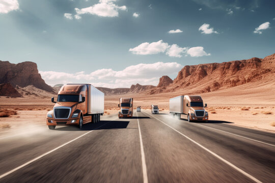 semi self-driving electric trucks driving AI down highway by sunset, logistics concept