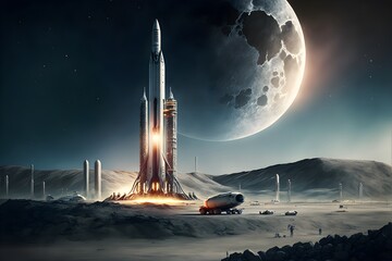 illustration large moon base with connected buildings moon rovers travel on streets spacex rockets are sitting on landing pads solar panels appear on the horizon a spacex rocket is blasting off 