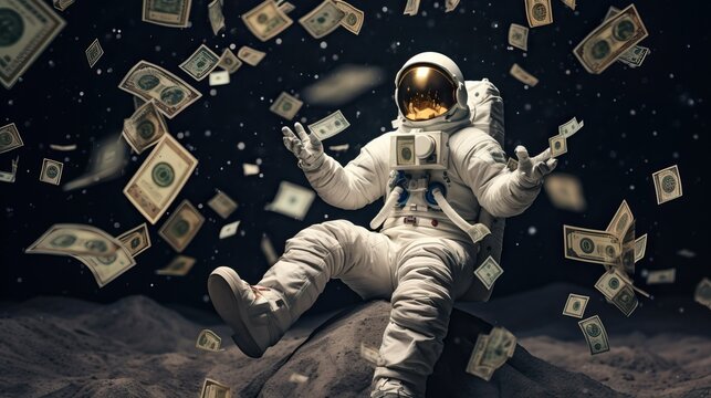 To the Moon. Astronaut on the moon with lots of money. Generative AI