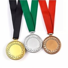 Gold silver and bronze medals hanging on ribbon on white background.  Generative AI.