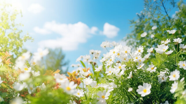 Beautiful blurred spring background nature with blooming glade Gardenia,Daisy,Jasmine,Rose, trees and blue sky on a sunny day.