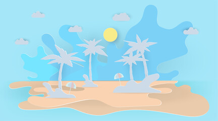 Fototapeta na wymiar Summer sea and beach with umbella and palm tree.Vector illustration paper art style.