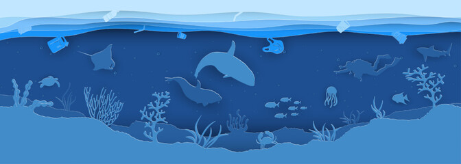 Ocean pollution with inhabitants and debris and plastic bottles.Paper cut style vector illustration.