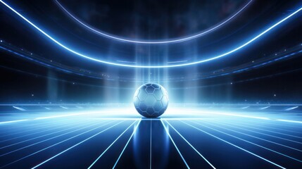Football in the center of a futuristic indoor soccer field or stadium with glowing white lines background. 3D Illustration.