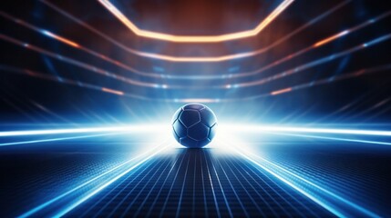 Football in the center of a futuristic indoor soccer field or stadium with glowing white lines background. 3D Illustration.