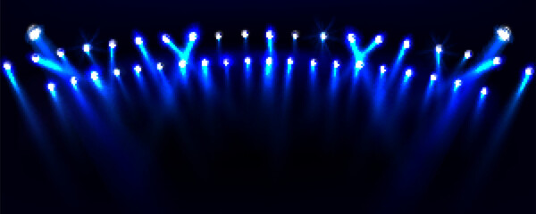 Spotlights on stadium for soccer or football games, sport arena or concert stage at night. Projectors and lamps with blue light beams isolated on black background, vector realistic illustration