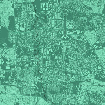 Detailed map poster of Bandung city with buildings, linear print map. Green skyline urban panorama. Decorative graphic tourist map of Bandung territory.
