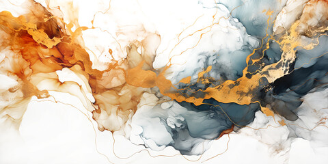 Luxury abstract fluid art painting in alcohol ink technique, mixture of blue and purple paints. Imitation of marble stone cut, glowing golden veins. Tender and dreamy design.