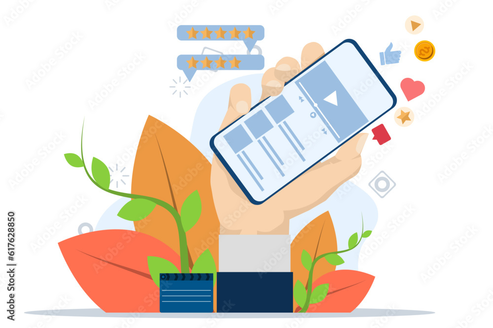 Poster People with cell phones use and watch streaming services with clappers. Streaming cinema concept. video marketing, online cinema. Vector illustration of a hand holding a cell phone and playing a video