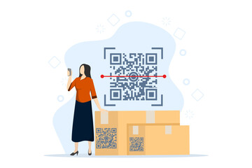 electronic payment, QR verification, Person holding phone with QR sign. User scans QR code with phone for payment. QR code collection, mobile scanner. Flat vector illustration for UI, website, mobile 