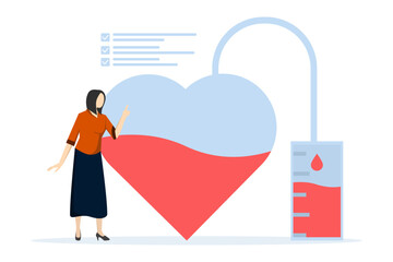 Donation concept, world blood donor day, plasma. Volunteers donate blood. Donor woman standing with heart. Vector illustration in flat design for background, banner, card.