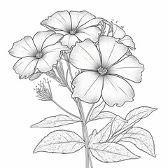 Phlox Flower black and white line drawing for coloring thick lines high resolution coloring book page 