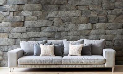 Light grey living room sofa with pillows in front of a natural stone wall, Ai Generate 