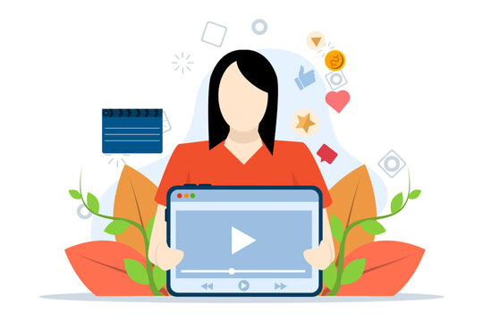 People with cell phones use and watch streaming services with clappers. Streaming cinema concept. video marketing, online cinema. Vector illustration of woman holding tablet and playing video.