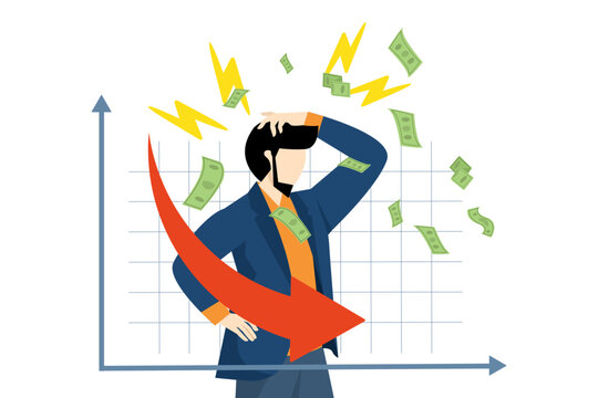 descending graph concept, inverted yield curve. government bonds, investments, monetary funds. What is an inverted yield curve. Stressed businessman looking at bottom graph. flat vector illustration.