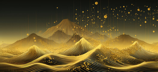 Japanese waves in 3D futuristic style, in gold, wide format. Abstract background.  Hand modified Generative AI.

