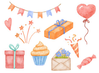 Colorful bright confetti, gift box and flags isolated on white background. Festive watercolor illustrations set. Firecracker