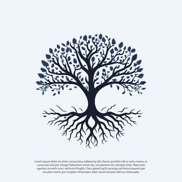 vector black tree of live icon on white background, tree with root, Creative vector graphic Silhouette of leaf trunks branch tree with root vector for logo or design leaf, fooliage, oak