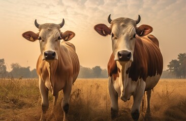 Pastured cows, cattle in an open field, natural farming. 