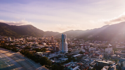 Drone Camera Aerial view of Patong town in Phuket, Thailand. The sea is beautiful in the summer,...