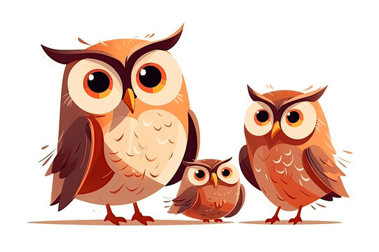 A family of cartoon owl characters isolated in the background. Generative AI illustration.
