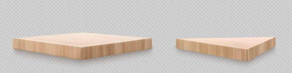 Realistic set of square wooden boards isolated on transparent background. Vector illustration of natural oak, pine, poplar triangle wood platform angle view. Podium for product show. Design sample