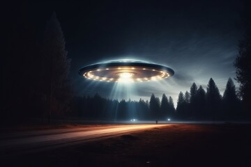 Fototapeta na wymiar Alien spaceship UFO is flying at night - Generative AI