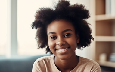 Fototapeta premium Black dark-skinned african american teenage girl smiling portrait at home. Generative AI