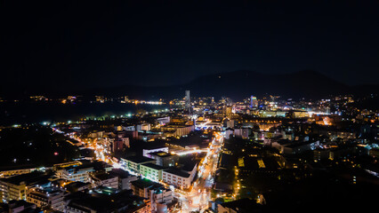High angle view of Patong Road at night, an important tourist attraction in Thailand where everyone comes to party. fun Can travel both day and night