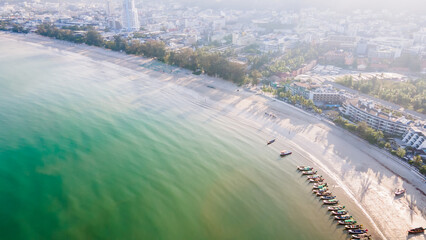 Drone Camera Aerial view of Patong town in Phuket, Thailand. The sea is beautiful in the summer,...