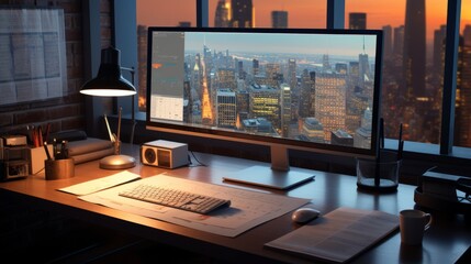 computer laptop screen on a desk, office desk with city view Generative AI