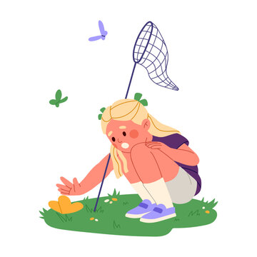 Kid catching butterflies with net catcher on summer holiday. Happy little girl child hunting insects, moths in nature on summertime vacation. Flat vector illustration isolated on white background