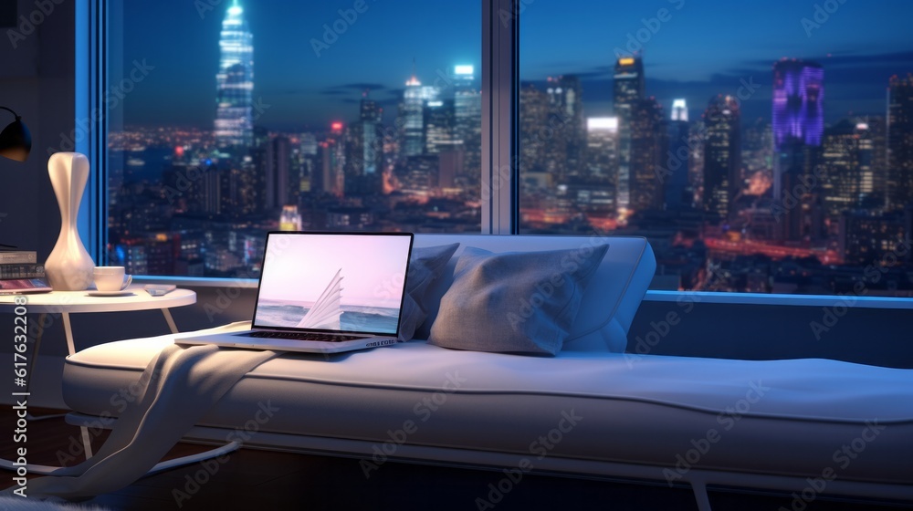 Poster computer laptop screen on a desk, office desk with city view generative ai
