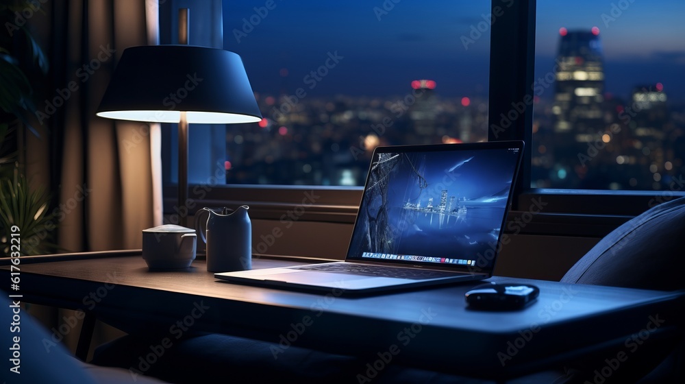 Poster computer laptop screen on a desk, office desk with city view generative ai