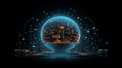 concept illustration of the intelligent AI brain, connected globally like the roots of a tree. Witness the power of communication and information in a futuristic network center