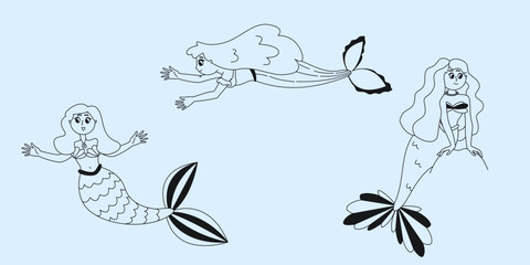 Set of different mermaids. Fairytale characters in outline style.