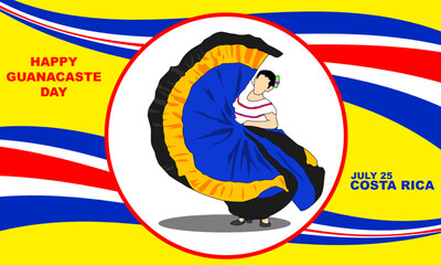 illustration of a dancing costa rica woman (Punto guanacasteca) with a costarica flag ribbon frame commemorating Guanacaste Day July 25. The annexation of Nicoya to Costa Rica
